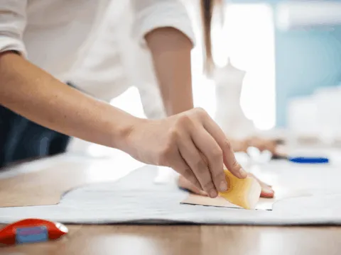 Worker hand-sanding whisker lines onto denim mounted on an air dummy