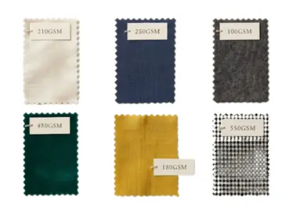 Fabric swatch book with GSM weights labeled