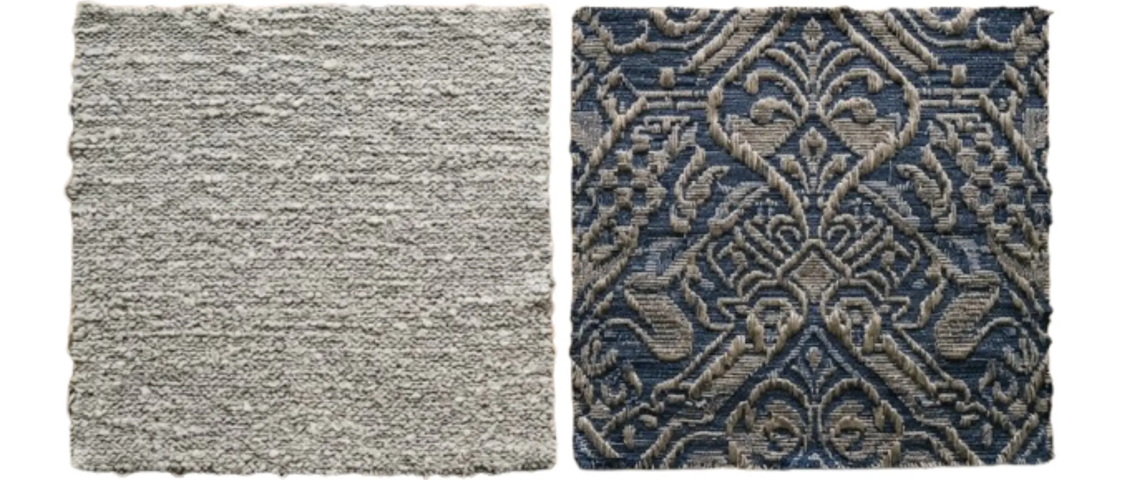 Heather slub knit fabric next to a jacquard woven fabric sample, showing texture and weight differences
