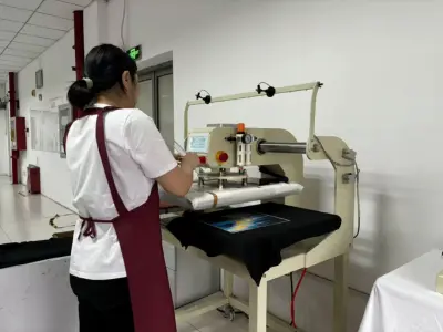 Screen printing carousel mid-run with puff ink