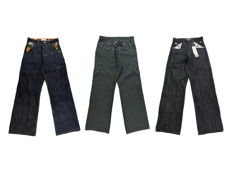 Streetwear denim program — acid wash, distressed, raw selvedge jeans