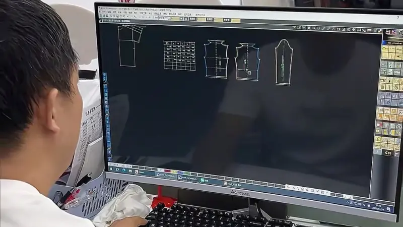 Tech pack documents and fabric swatches on a review desk at the factory
