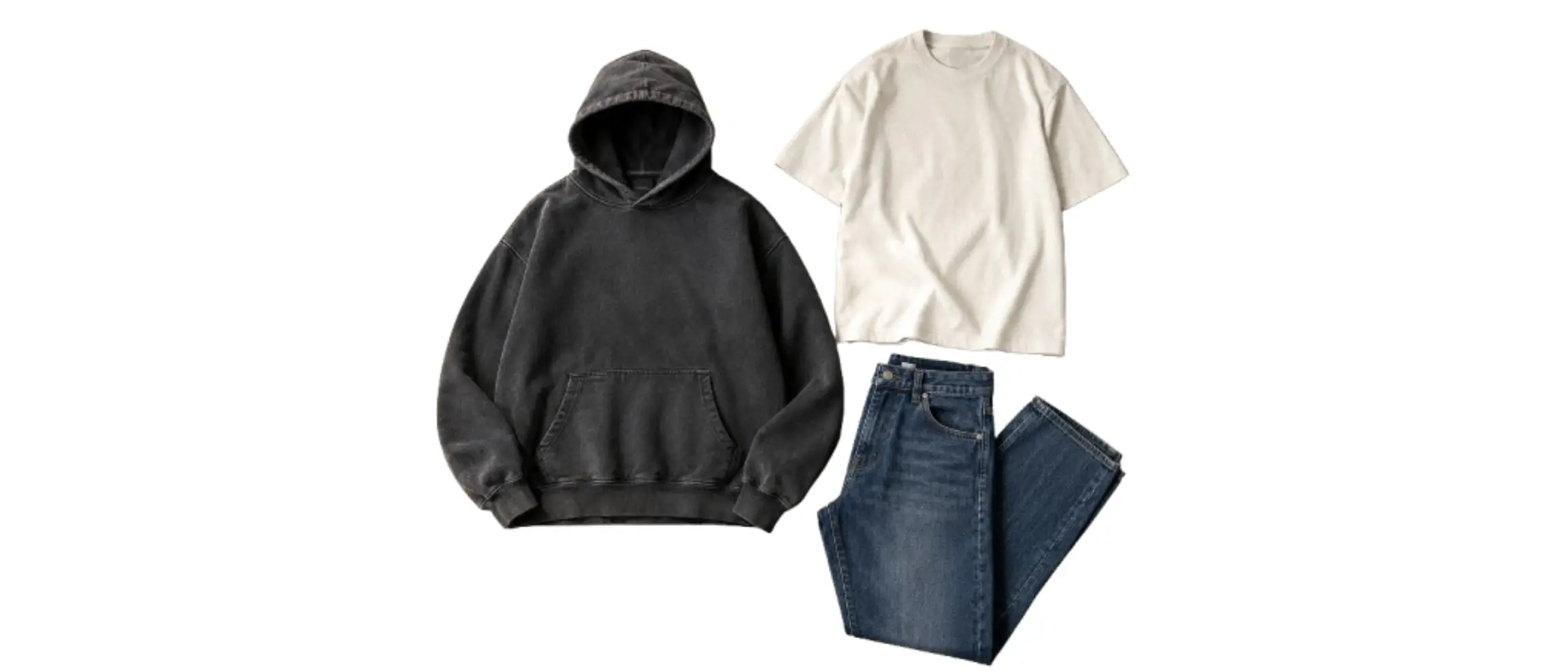 Custom streetwear hoodie, T-shirt and jeans displayed together