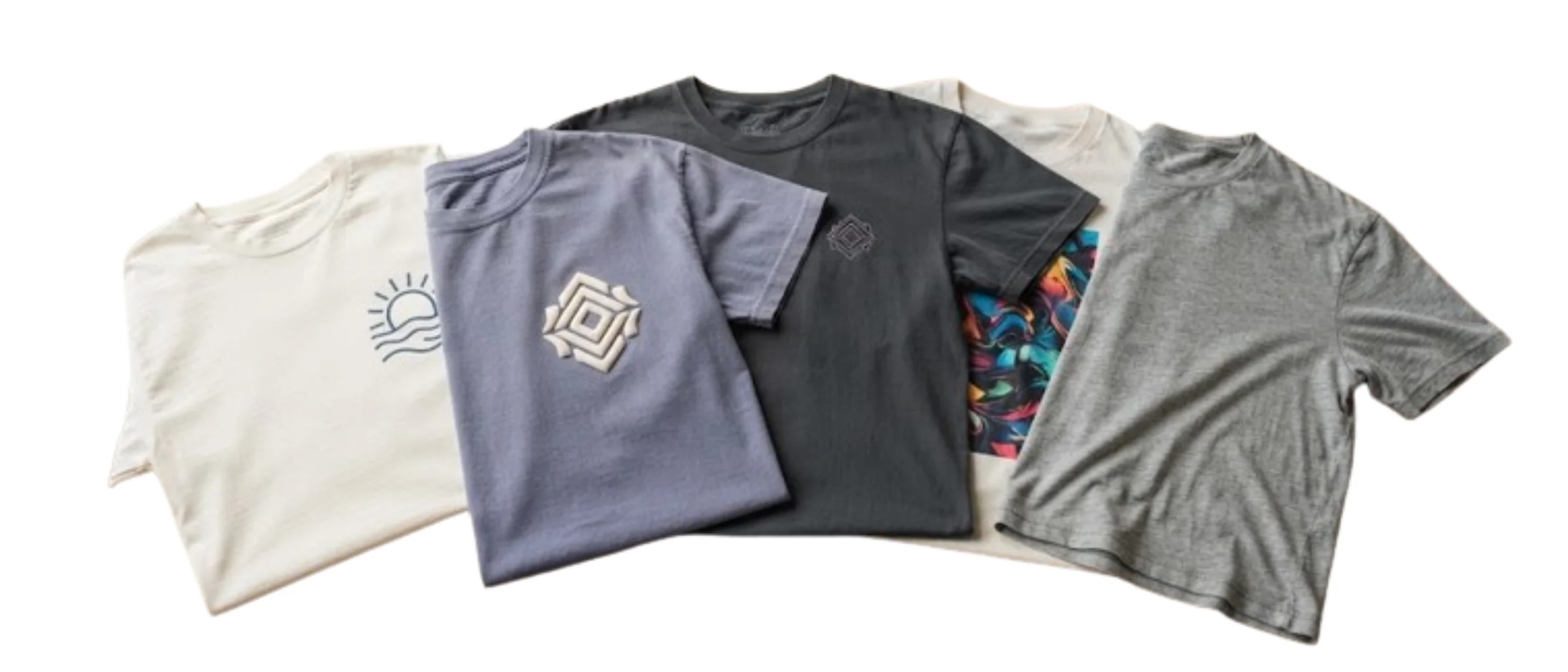 Lineup of custom t-shirts showing screen print, puff print, embroidery, digital print, and heather slub programs