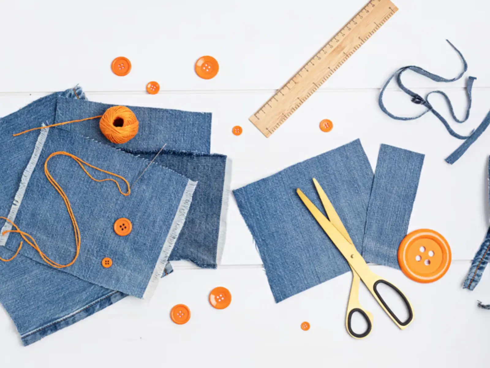 Jeans technical drawings beside denim swatches and a measuring tape