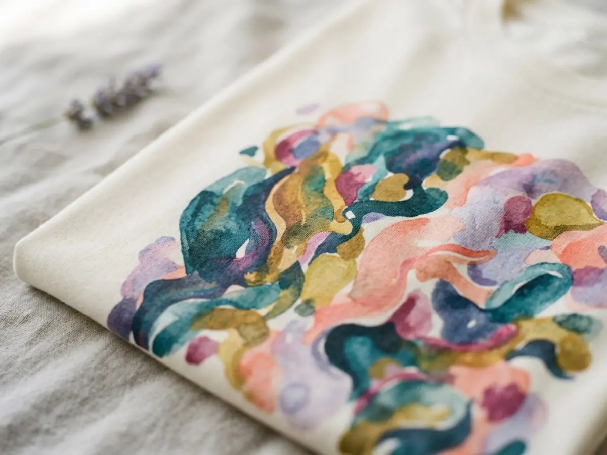 Close-up of a full-color DTG print on a light cotton T-shirt