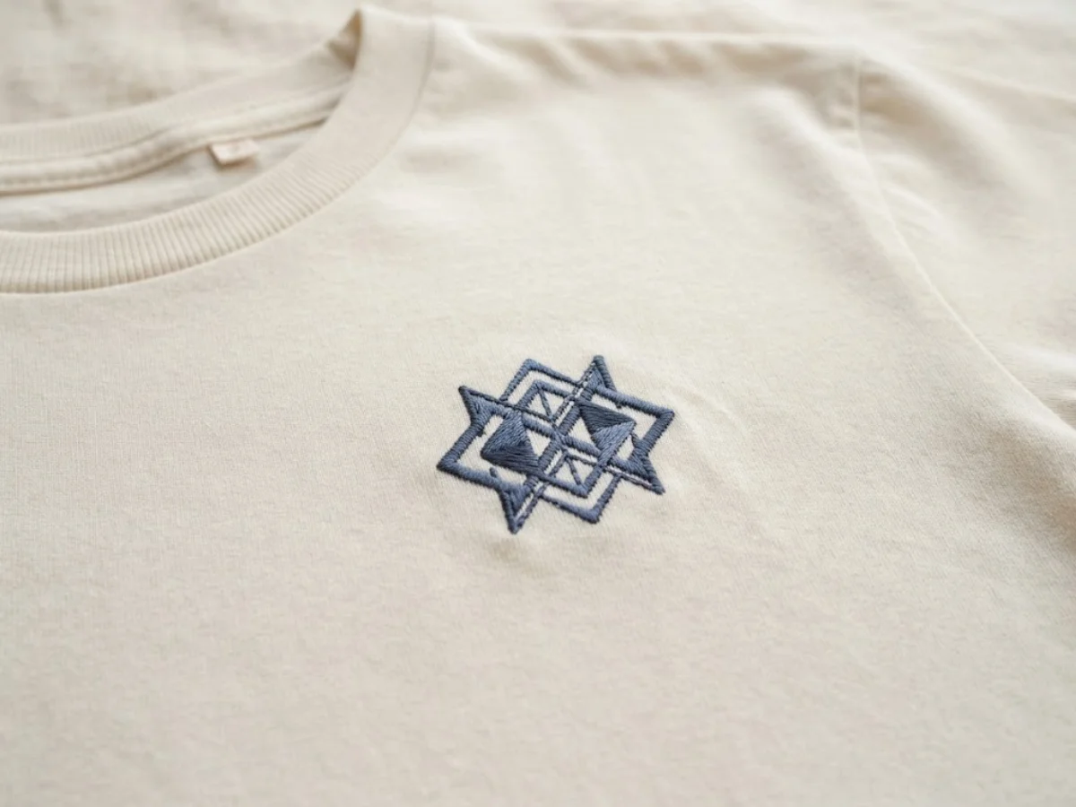 Embroidered chest logo detail on a t-shirt
