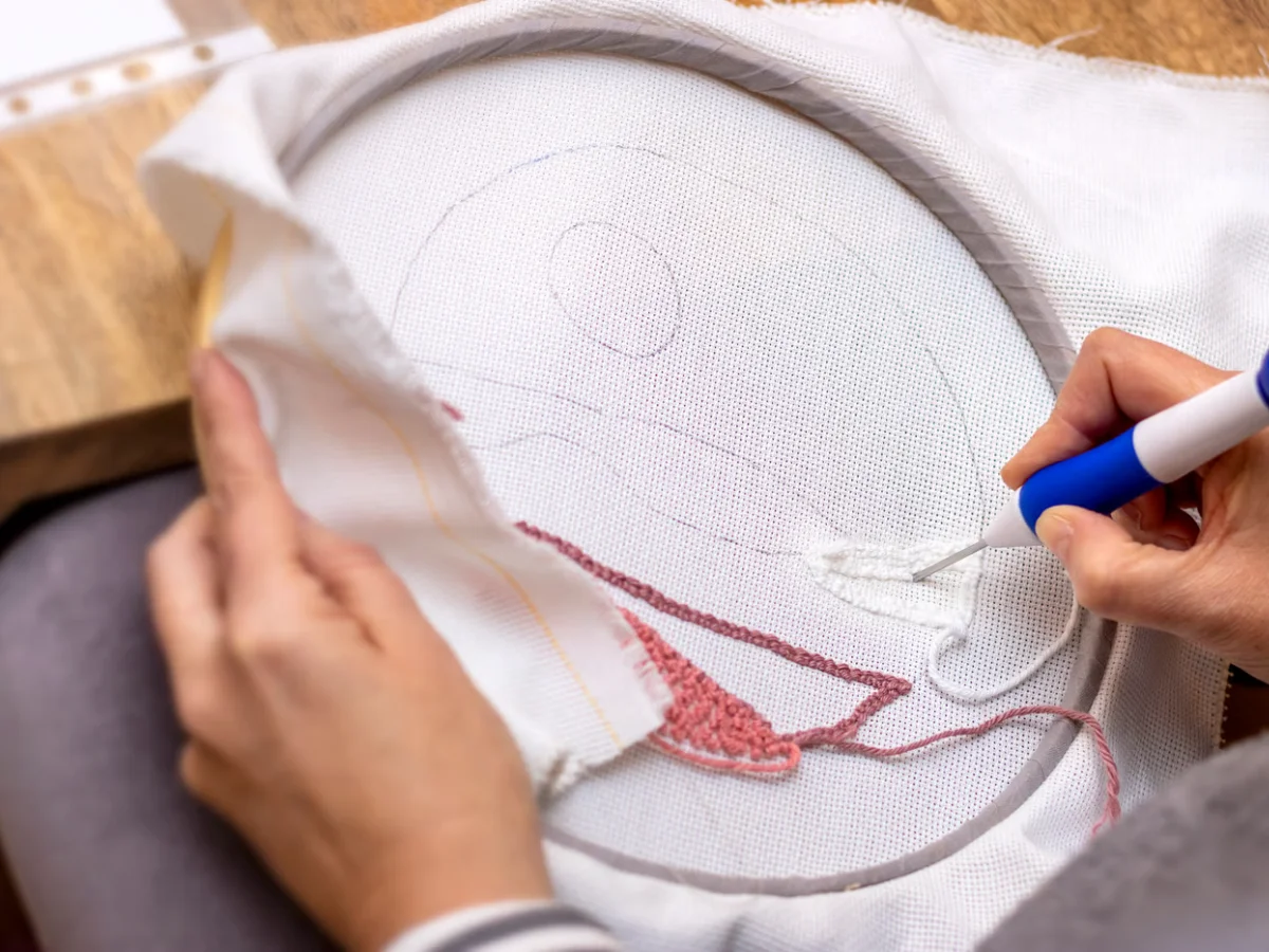 Garment panel hooped taut with stabilizer backing attached before embroidery