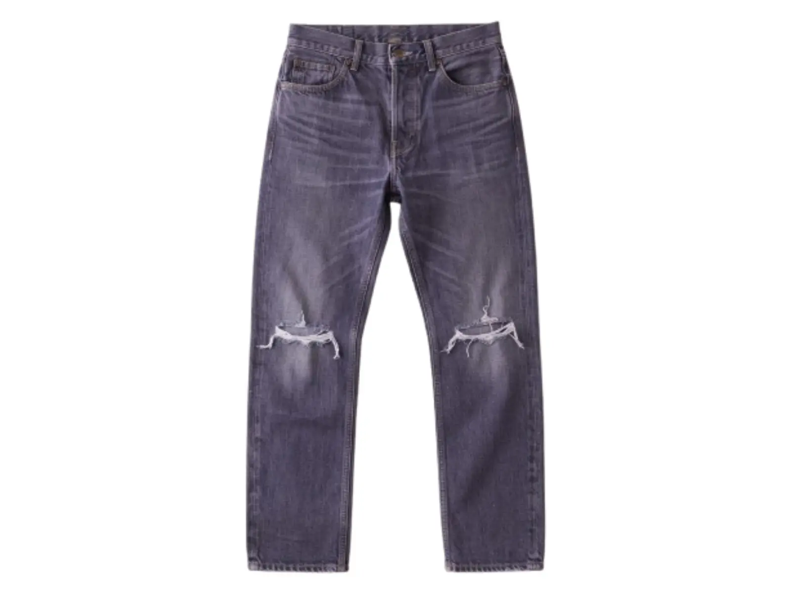 Distressed indigo jeans with hip whiskering and frayed knee openings