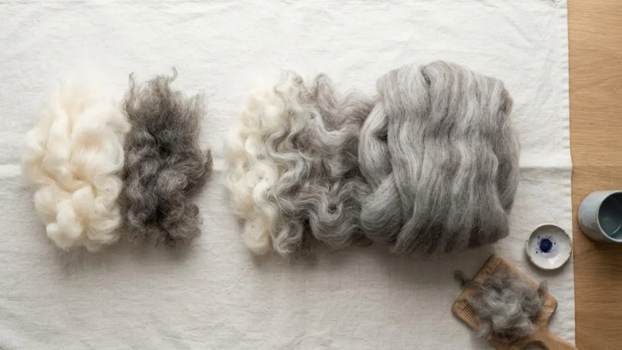 Grey and white fiber tufts arranged beside a blended heather fiber sample