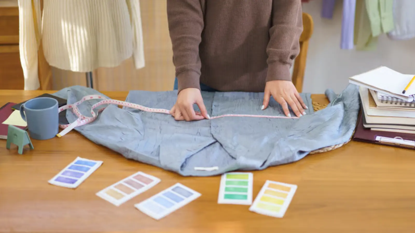 Garment sketch, paper pattern and fabric swatches arranged for ODM development