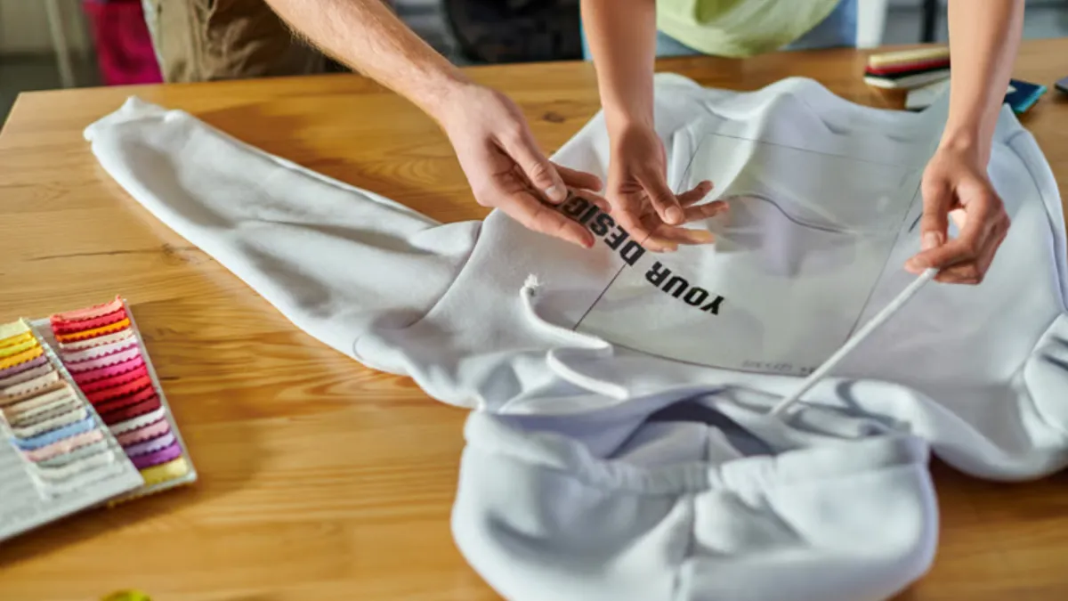 Inspector measuring a finished hoodie against a garment specification sheet