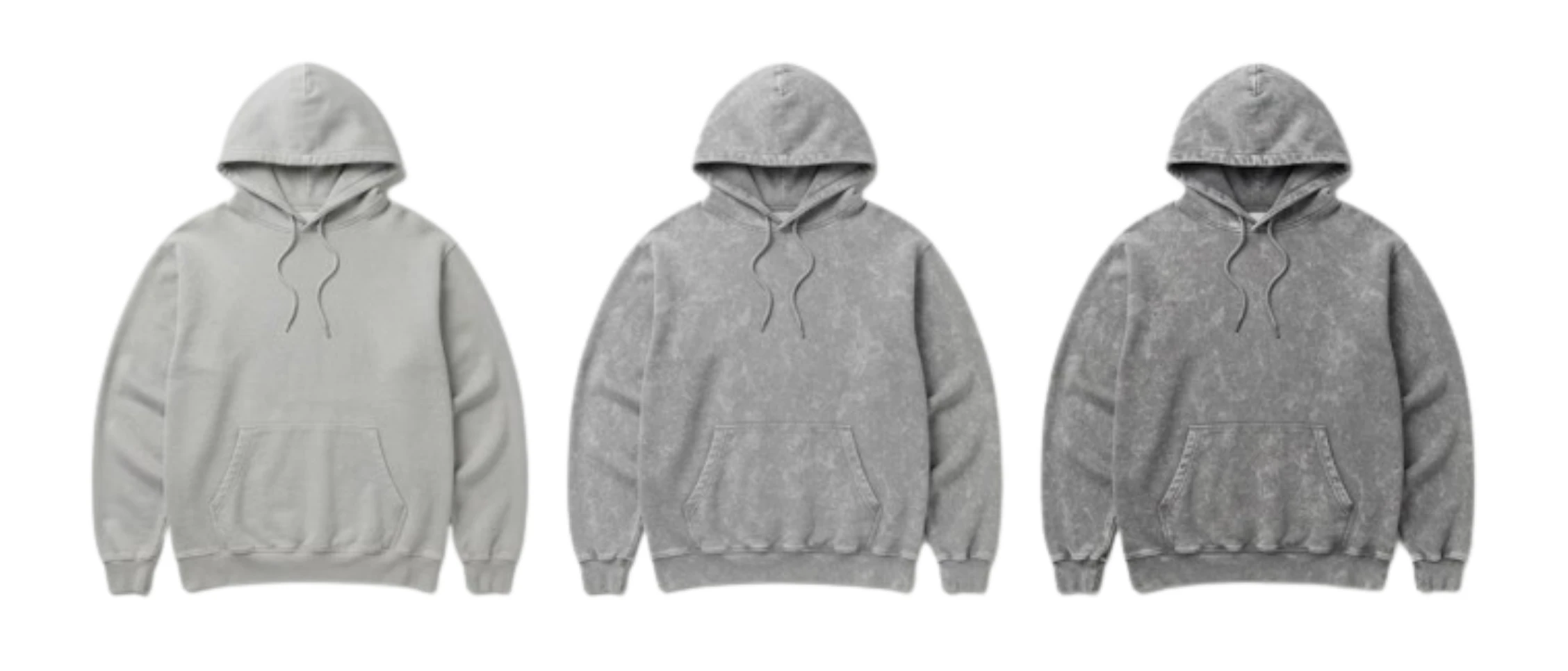Snow wash hoodies in heather grey showing grade G1 through G3 frosting intensity