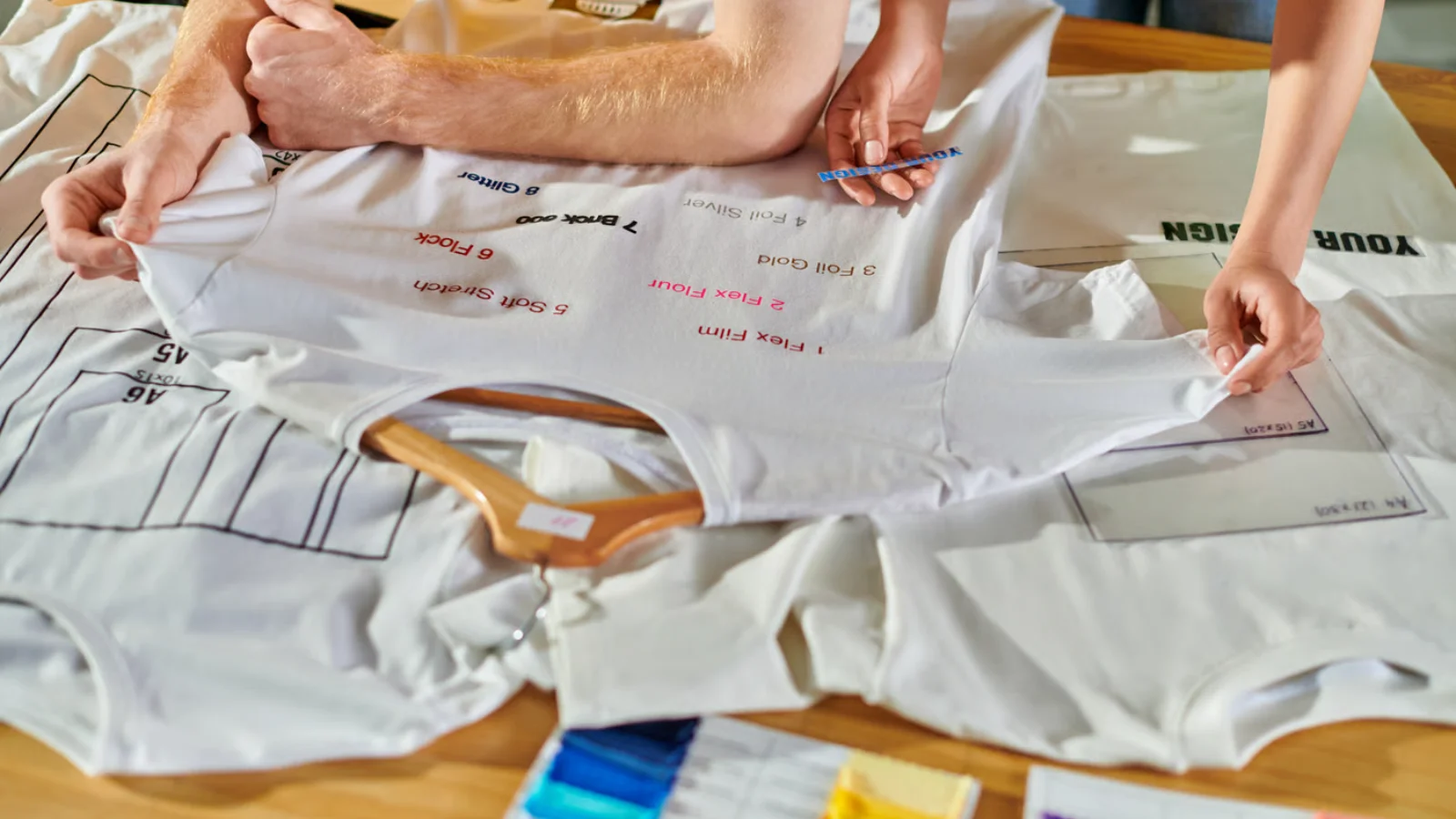 Tech pack documents and fabric swatches on a review desk