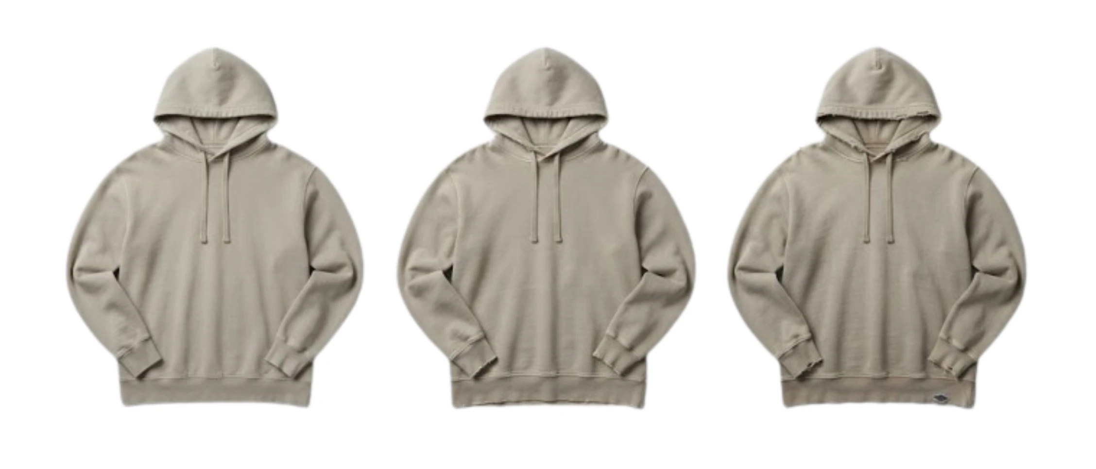 Vintage wash hoodies showing Light, Medium and Heavy distressing at collar and cuffs
